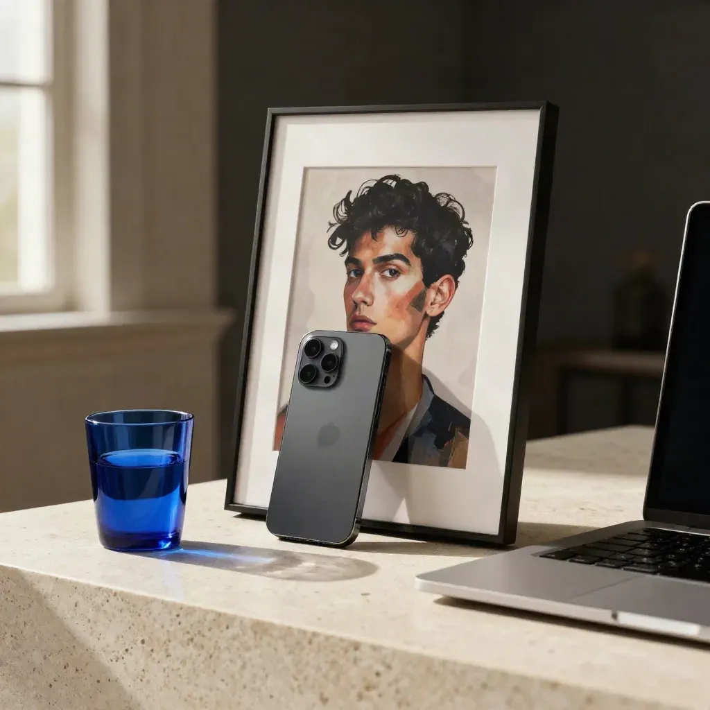 Steinbord mit gerahmtem Portrait, Smartphone und geschlossenem Laptop im warmen Fensterlicht.