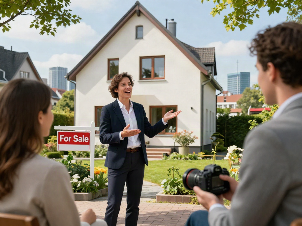 Immobilienmakler Düsseldorf präsentiert charmantes Wohnhaus mit Interessenten.